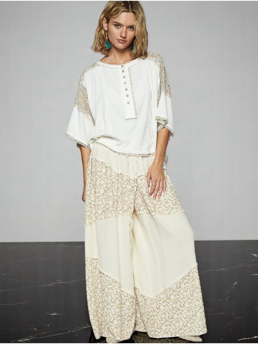 New: POL Boho Mixed Cream Floral Patchwork Cotton Wide-Leg  Pants• Small